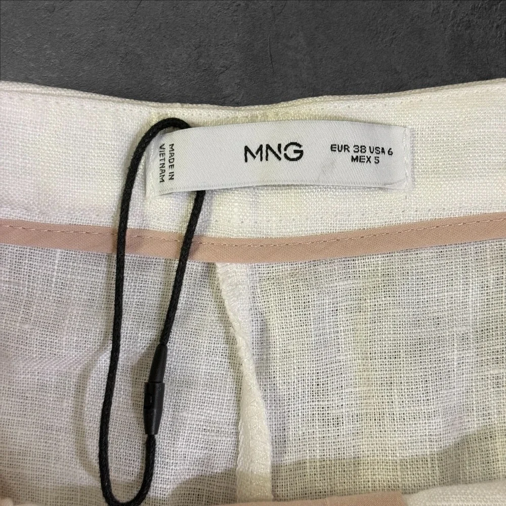 Mango MNG White 100%‎ Linen Wide Leg Pleated Trousers High Rise Women Size 6